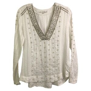 Burning Torch Women Tunic Top Boho White Floral Gems Long Sleeve V-Neck S $395